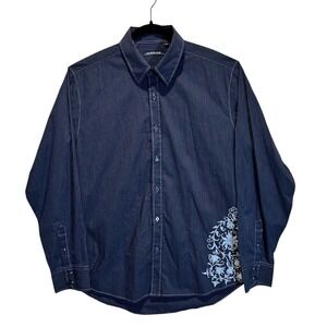 Red Level Nine Button Up Shirt Men XL Blue Pinstripe Gothic Crest Y2K Artistic